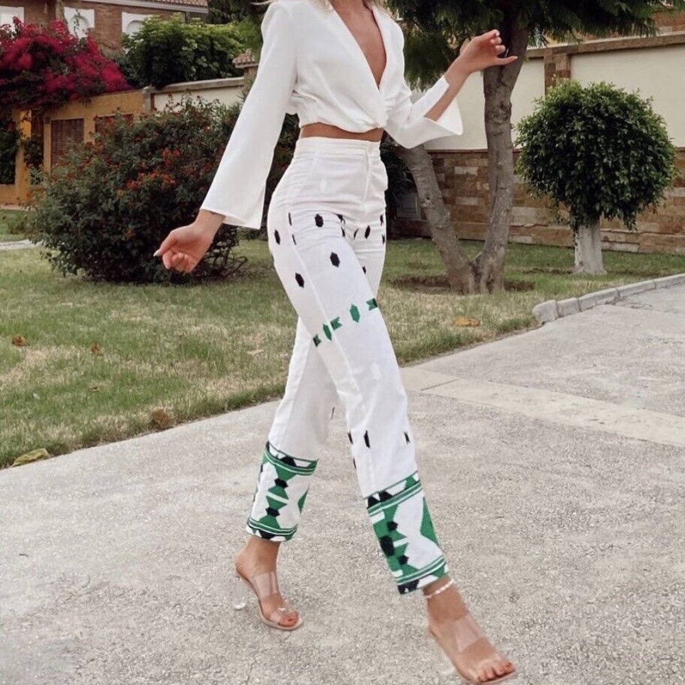 ZARA White Geometric Embroidered Linen Blend Pants NWT